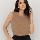 Regata plus size feminina, poliéster crepinho listado gola redonda