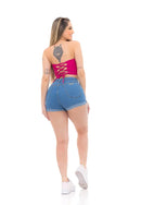 Shorts jeans feminino, levanta bumbum barra dobrada