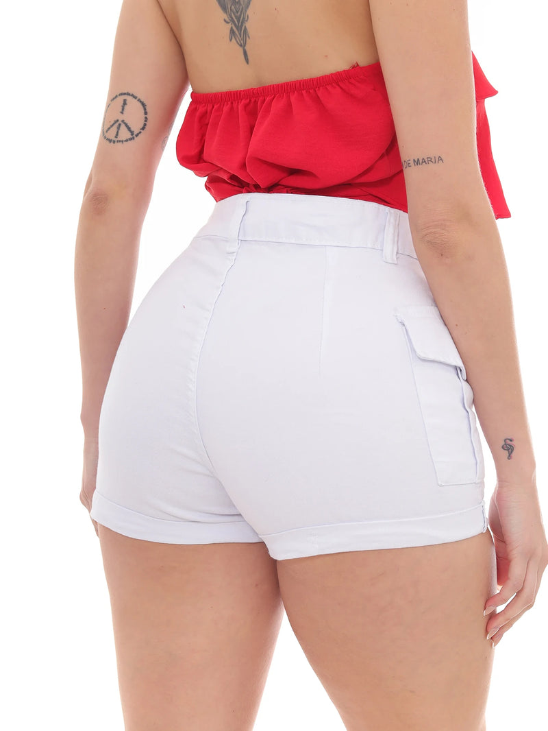 Shorts feminino em sarja, cintura alta, empina bumbum