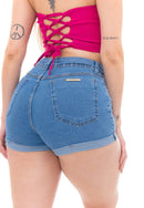 Shorts jeans feminino, levanta bumbum barra dobrada