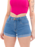 Shorts jeans feminino, levanta bumbum barra dobrada