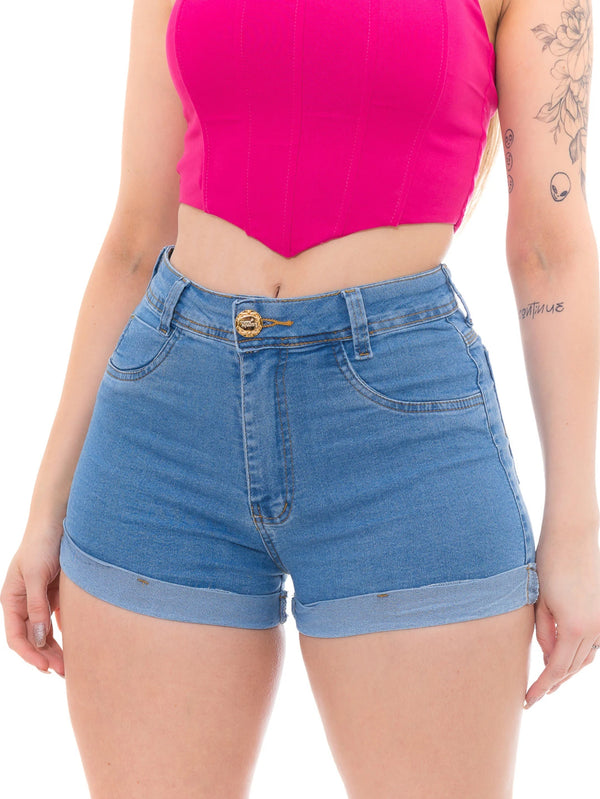 Shorts jeans feminino, levanta bumbum barra dobrada