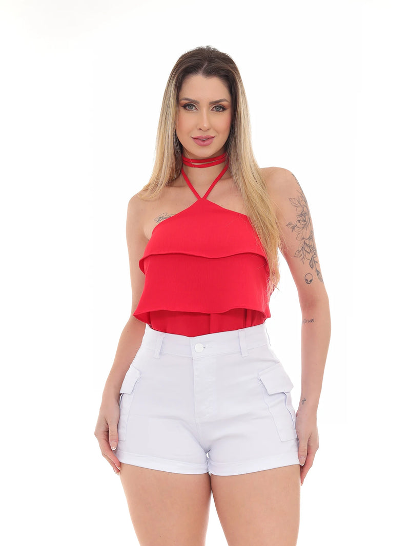 Shorts feminino em sarja, cintura alta, empina bumbum