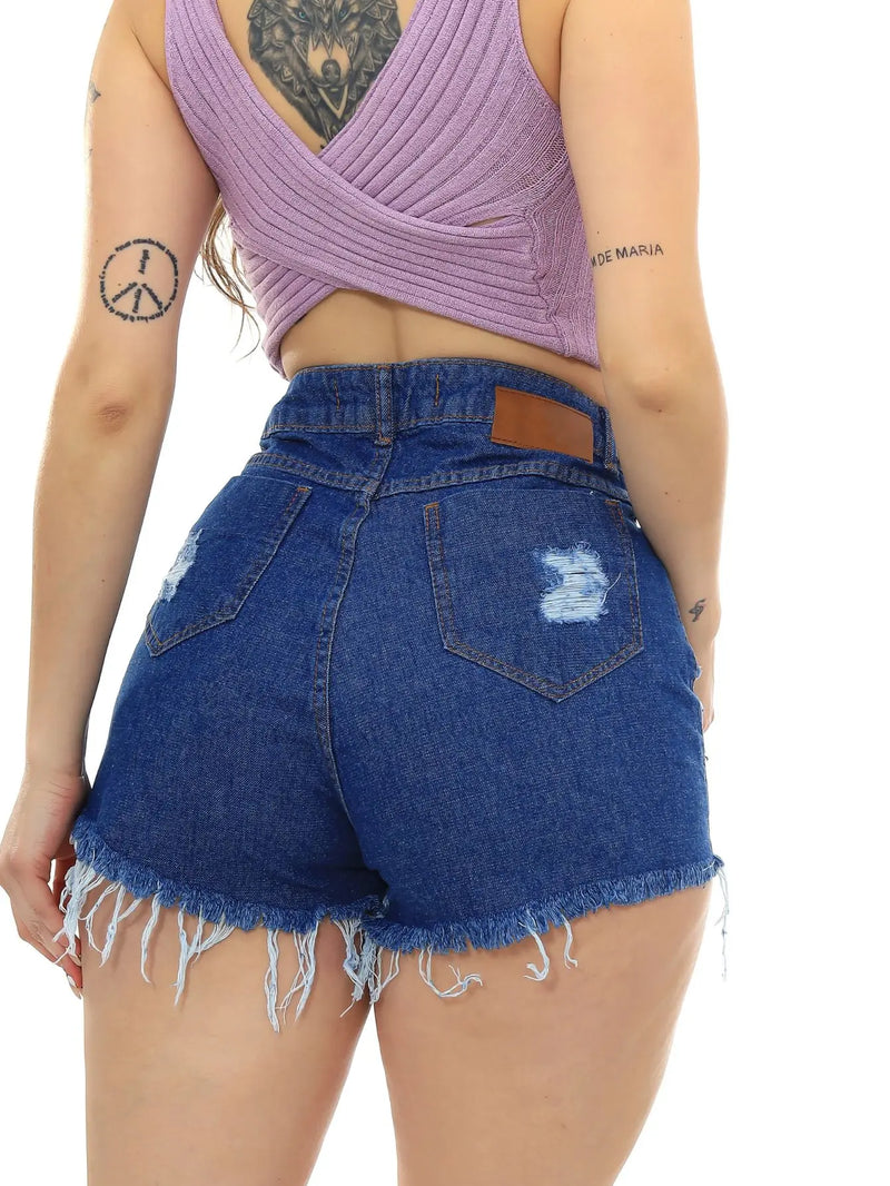 Shorts feminino em jeans com barra desfiada modelo Premium