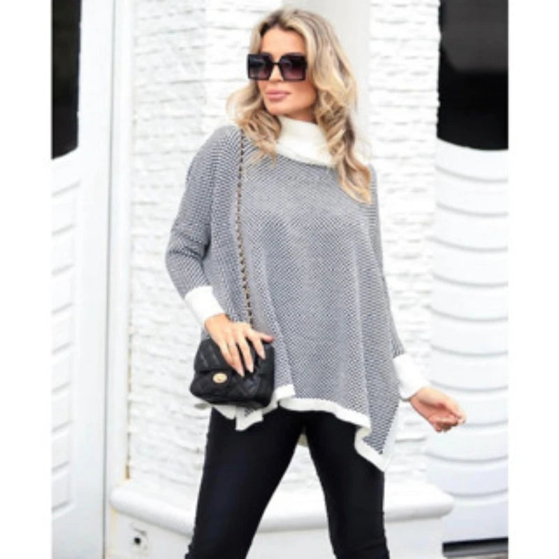 Blusa poncho tricot gola alta xadrez, moda inverno