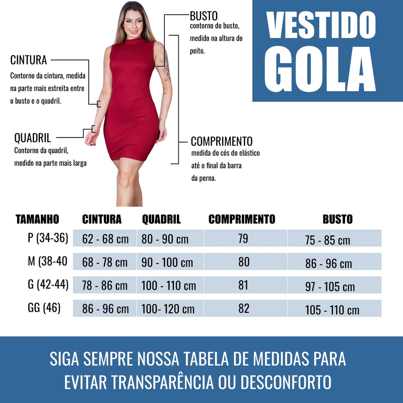 Vestido canelado, modelador com gola alta