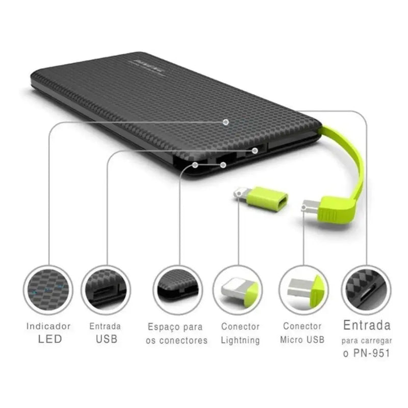 Carregador PN951 portátil via USB com bateria de litio