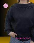 Blusa feminina em trico, manga bufante, moda blogueira, em acetato e poliester*