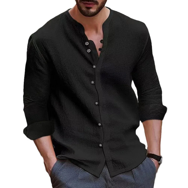 Camisa masculina em linho de algodão com mangas compridas