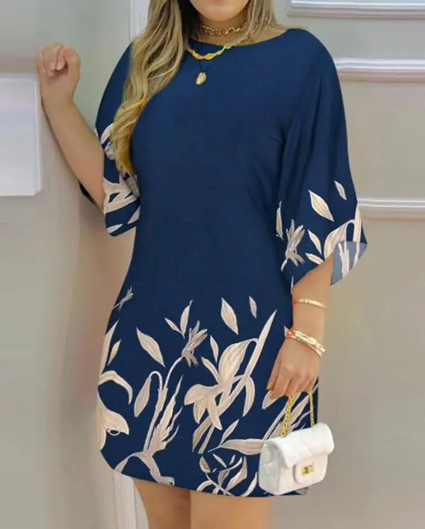 Vestido estampado floral, reto, gola baixa estilo europeu