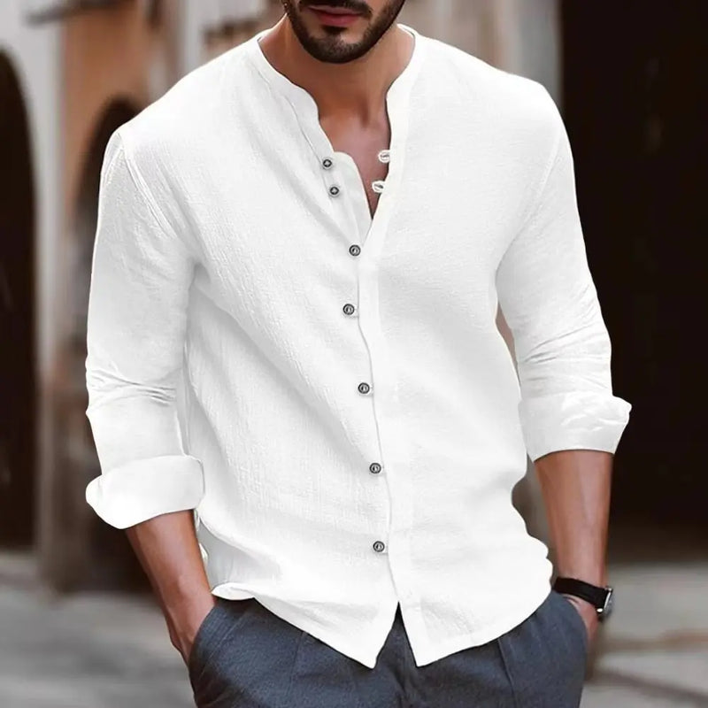 Camisa masculina em linho de algodão com mangas compridas