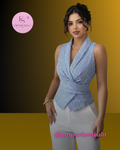 Blusa feminina sem mangas, com cinto em laço