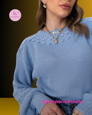 Blusa feminina em trico, manga bufante, moda blogueira, em acetato e poliester*