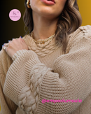 Blusa feminina em trico, manga bufante, moda blogueira, em acetato e poliester*