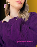 Blusa feminina em trico, manga bufante, moda blogueira, em acetato e poliester*