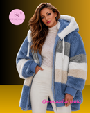 Casaco feminino, outono/inverno, em pelúcia, com capuz felpudo
