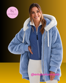 Casaco feminino, outono/inverno, em pelúcia, com capuz felpudo
