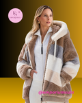 Casaco feminino, outono/inverno, em pelúcia, com capuz felpudo