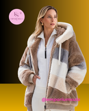 Casaco feminino, outono/inverno, em pelúcia, com capuz felpudo