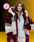 Casaco feminino, outono/inverno, em pelúcia, com capuz felpudo