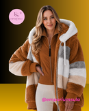Casaco feminino, outono/inverno, em pelúcia, com capuz felpudo