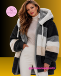 Casaco feminino, outono/inverno, em pelúcia, com capuz felpudo