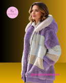 Casaco feminino, outono/inverno, em pelúcia, com capuz felpudo