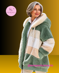 Casaco feminino, outono/inverno, em pelúcia, com capuz felpudo