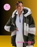 Casaco feminino, outono/inverno, em pelúcia, com capuz felpudo