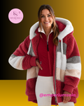 Casaco feminino, outono/inverno, em pelúcia, com capuz felpudo